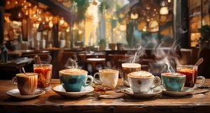 All kinds of hot drinks in the coffee shop